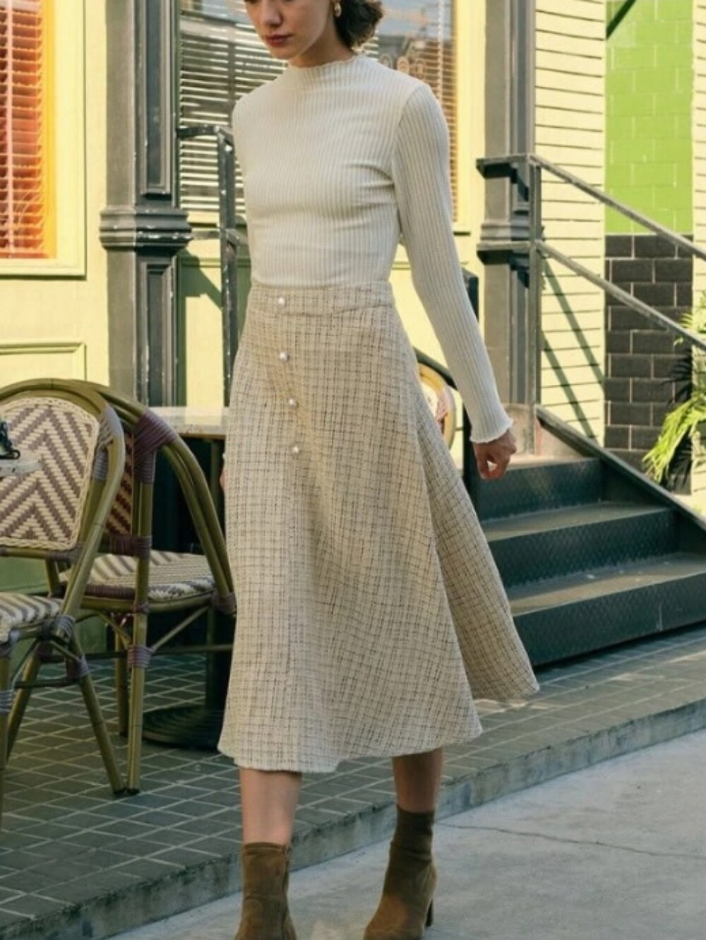 RIHOAS Tweed Skirt Cream A-Line Pearl Button Front Midi Large NEW
